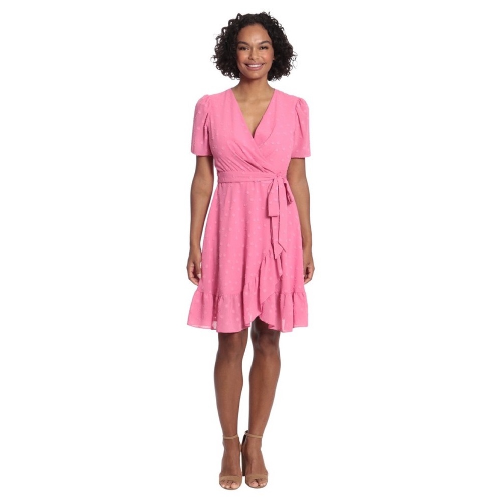 Pink Polka Dot Dress Maggy London Size 10 Knee Length Coquette Faux Wrap - Picture 2 of 8